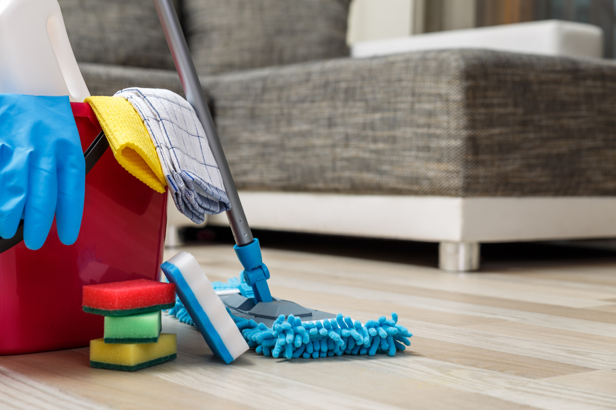 cleaning supplies on a hardware floor in a living room, Strip and Wax,
